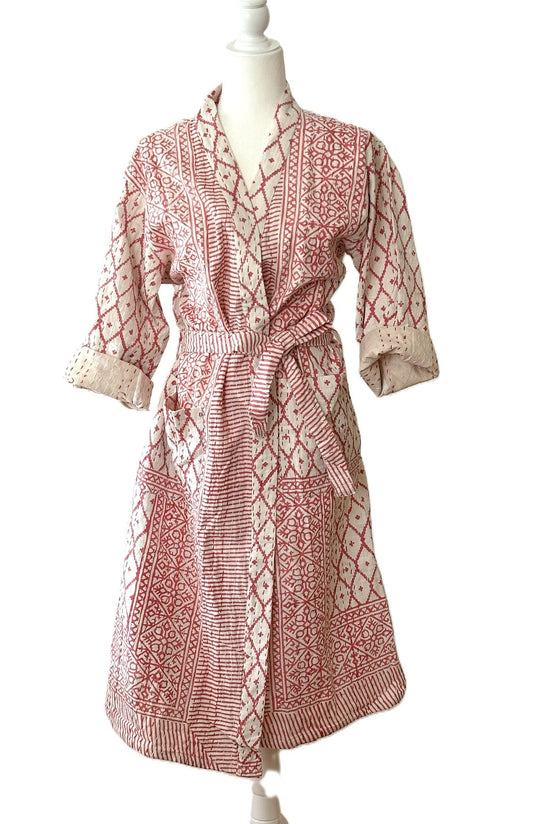 Short Cotton Print Kimono Duster With Kantha Stitching (Pink). Valentine's Ready.