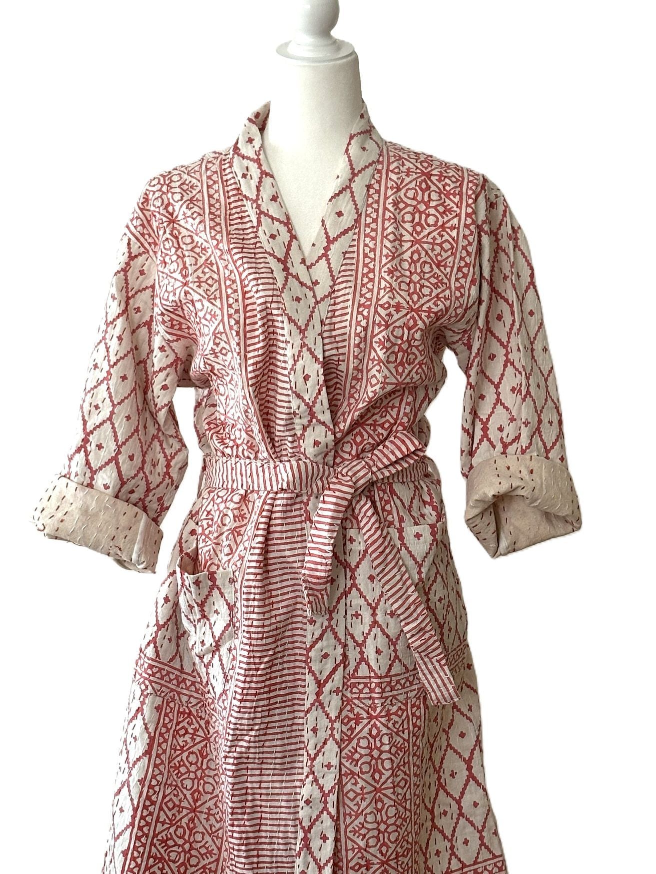 Short Cotton Print Kimono Duster With Kantha Stitching (Pink). Valentine's Ready.