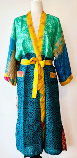 Luxury Silk Kimono Duster Dress:  Dramatic Bold Color Mix