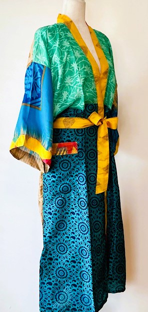 Luxury Silk Kimono Duster Dress:  Dramatic Bold Color Mix