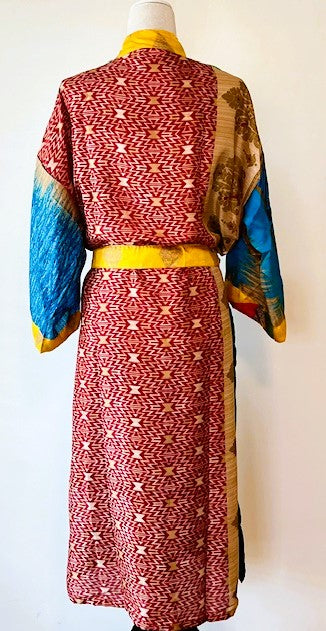 Luxury Silk Kimono Duster Dress:  Dramatic Bold Color Mix