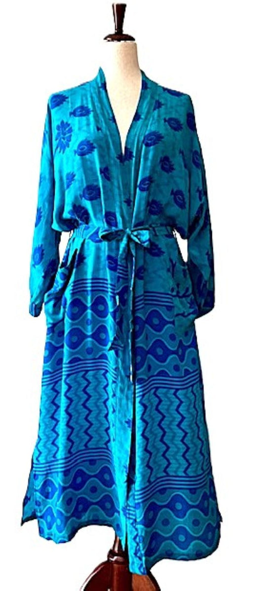 Luxurious Rich Silk Long Kimono Duster. Glamorous (Turquoise)