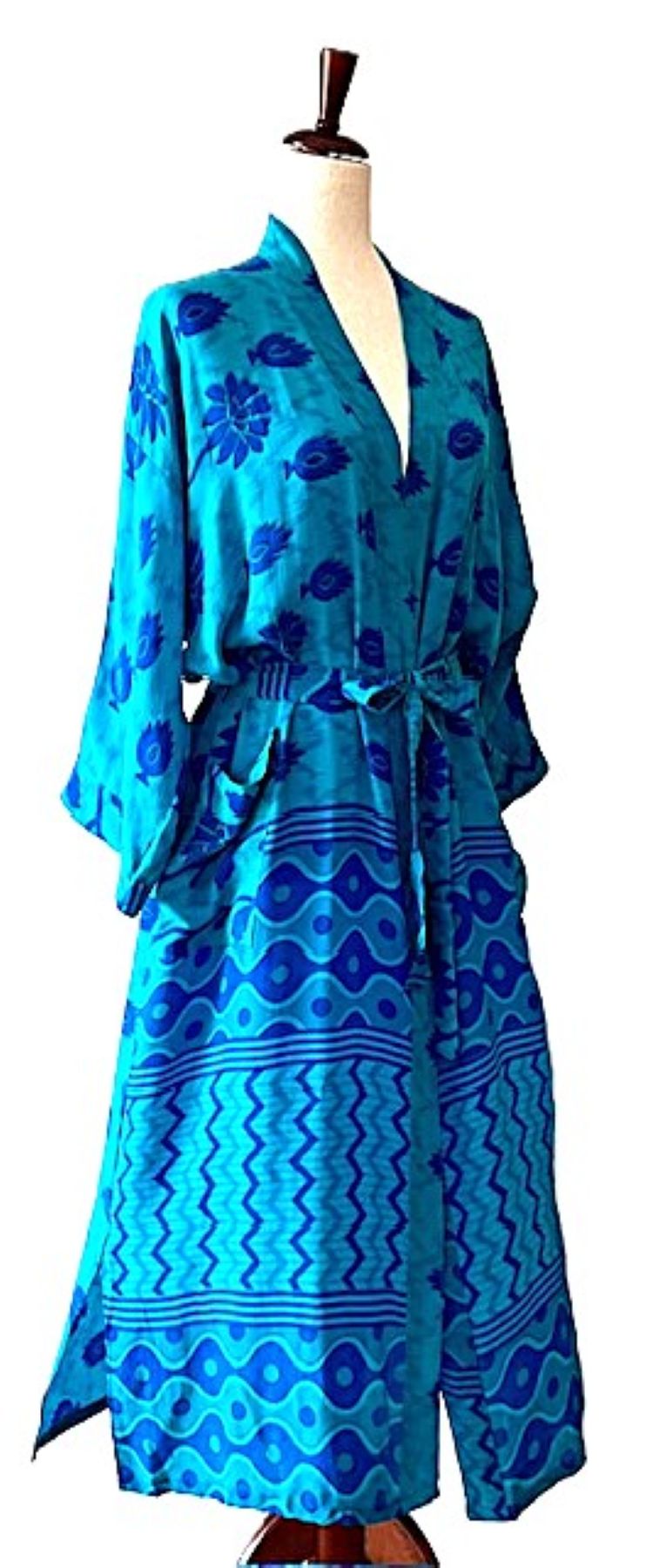 Luxurious Rich Silk Long Kimono Duster. Glamorous (Turquoise)