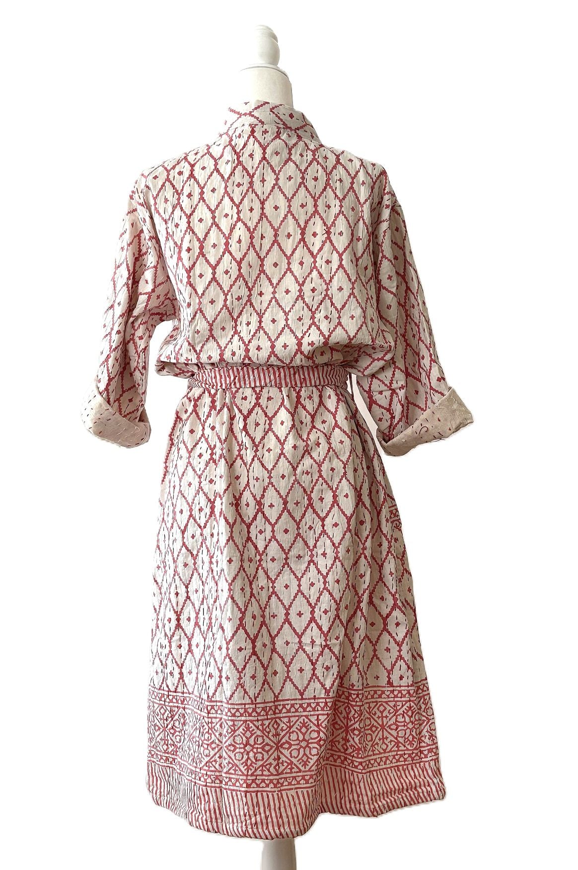 Short Cotton Print Kimono Duster With Kantha Stitching (Pink). Valentine's Ready.
