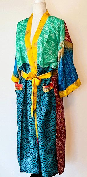 Luxury Silk Kimono Duster Dress:  Dramatic Bold Color Mix