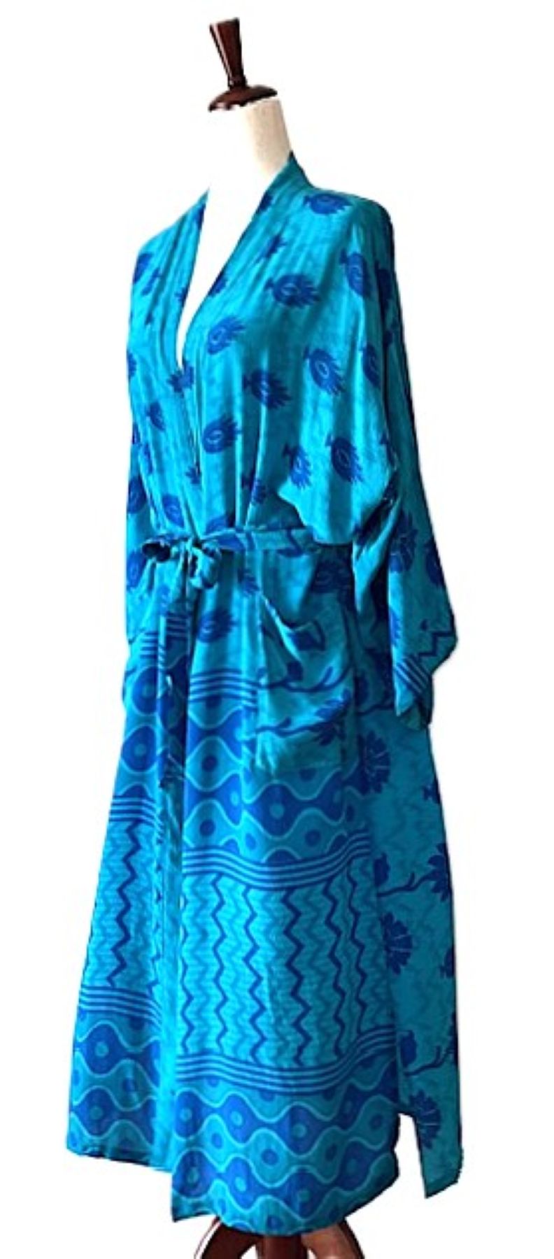 Luxurious Rich Silk Long Kimono Duster. Glamorous (Turquoise)