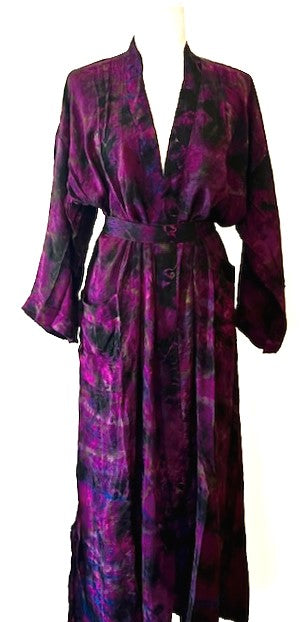 Tie Dye Rich Long Silk Kimono Duster. Glamorous in Deep Purple