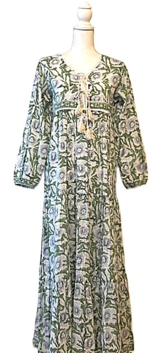 Traditional Long Cotton Maxi Dress, Floral Green