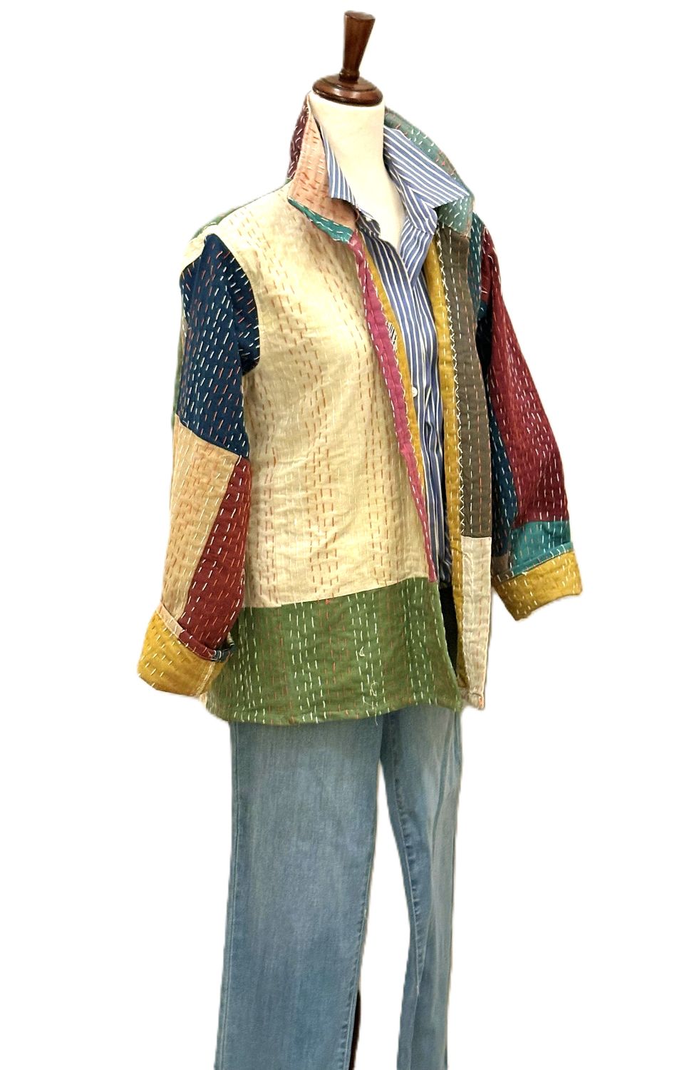Patchwork Multicolor Cotton Kantha Quilted Jacket. Artisan