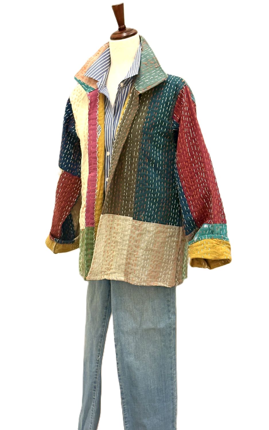 Patchwork Multicolor Cotton Kantha Quilted Jacket. Artisan