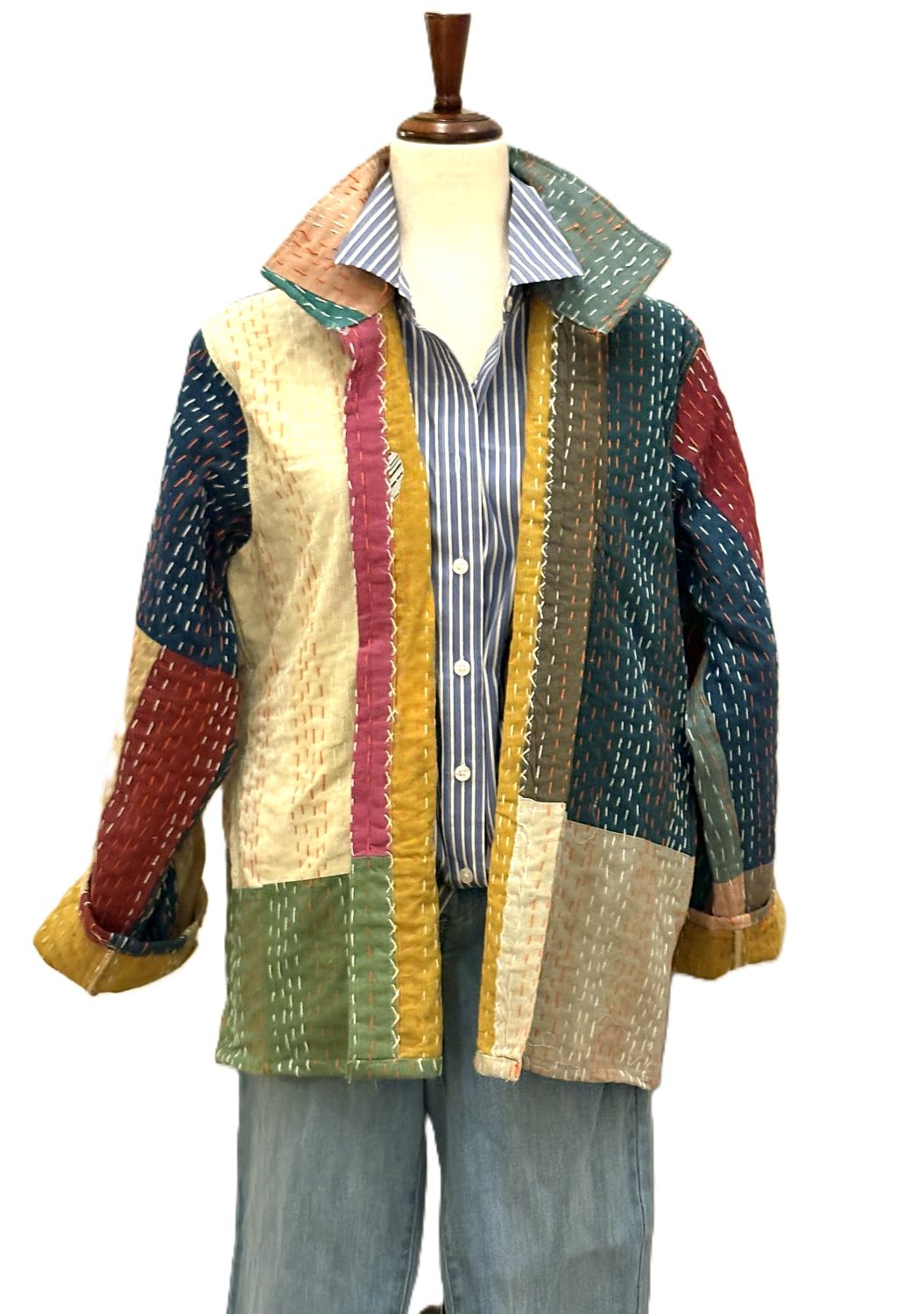 Patchwork Multicolor Cotton Kantha Quilted Jacket. Artisan