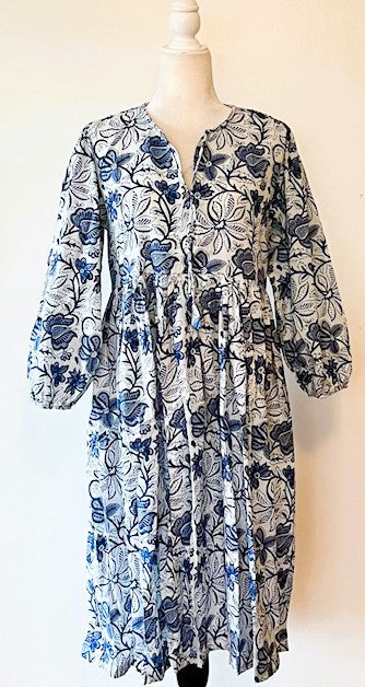 Cotton Block Print Midi Dress Is A Tailored Classic - Navy Floral