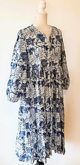 Cotton Block Print Midi Dress Is A Tailored Classic - Navy Floral