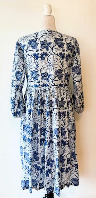 Cotton Block Print Midi Dress Is A Tailored Classic - Navy Floral