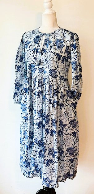 Cotton Block Print Midi Dress Is A Tailored Classic - Navy Floral