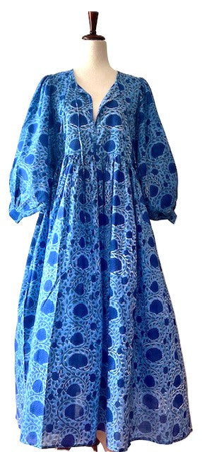 Dresses: Floral Cotton Handblock Kyra Midi Dress is Boho in (Blue)