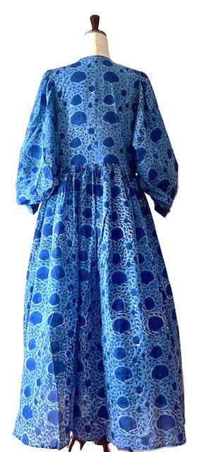 Dresses: Floral Cotton Handblock Kyra Midi Dress is Boho in (Blue)