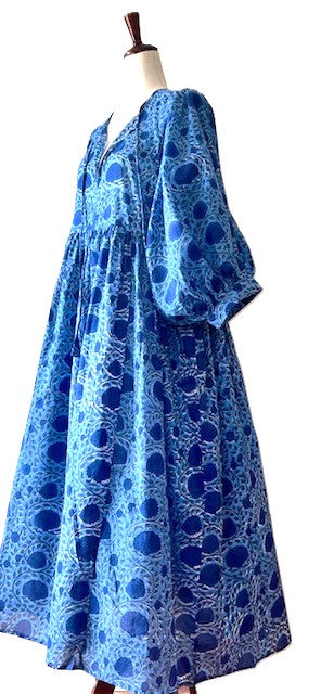 Dresses: Floral Cotton Handblock Kyra Midi Dress is Boho in (Blue)