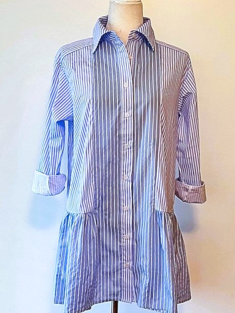 Collared Two Tone Pinstripe Shirt Dress With A Drop Waist: Classic Stripe