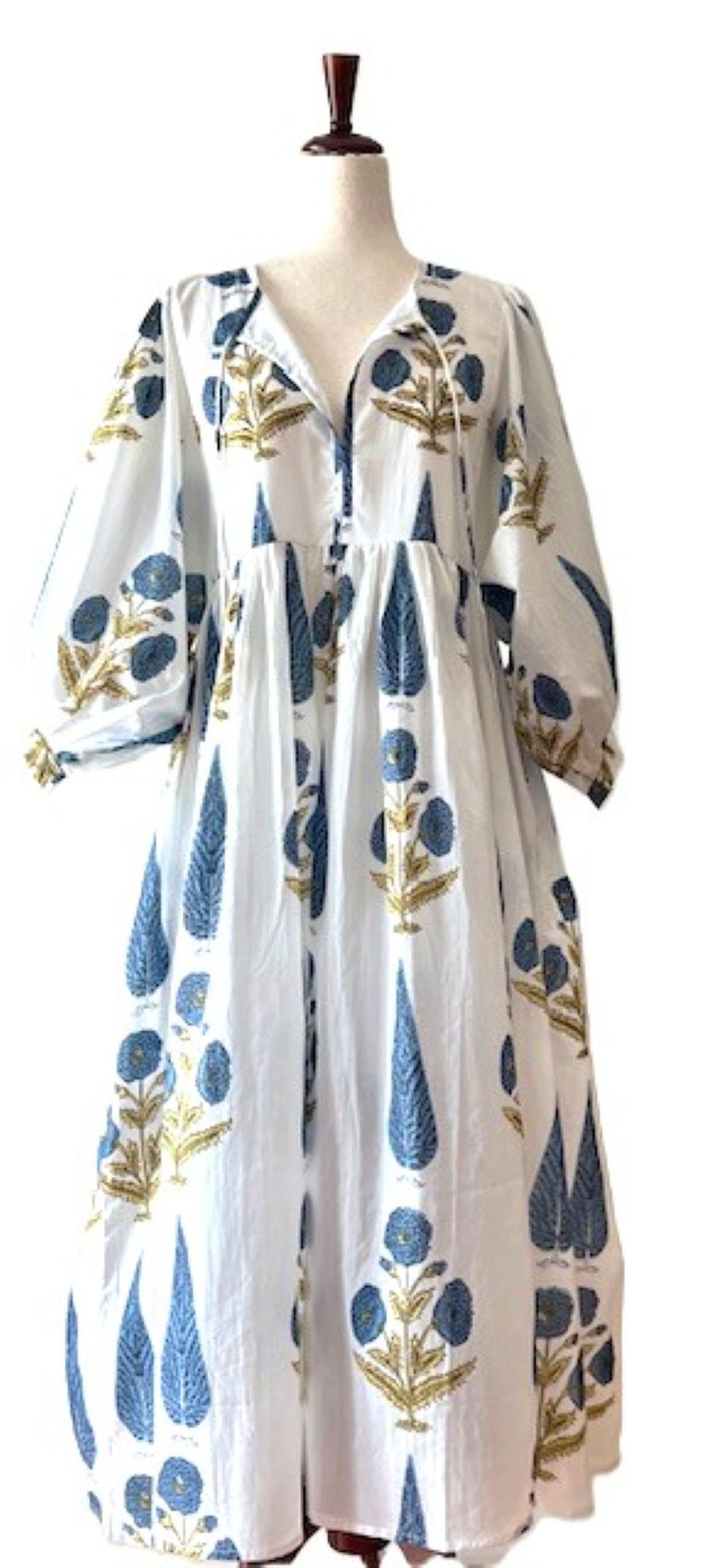 Dresses: Floral Cotton Handblock Kyra Midi Dress is Boho in (Blue on White)
