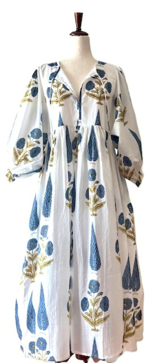 Dresses: Floral Cotton Handblock Kyra Midi Dress is Boho in (Blue on White)