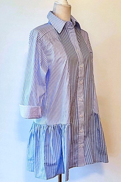 Collared Two Tone Pinstripe Shirt Dress With A Drop Waist: Classic Stripe