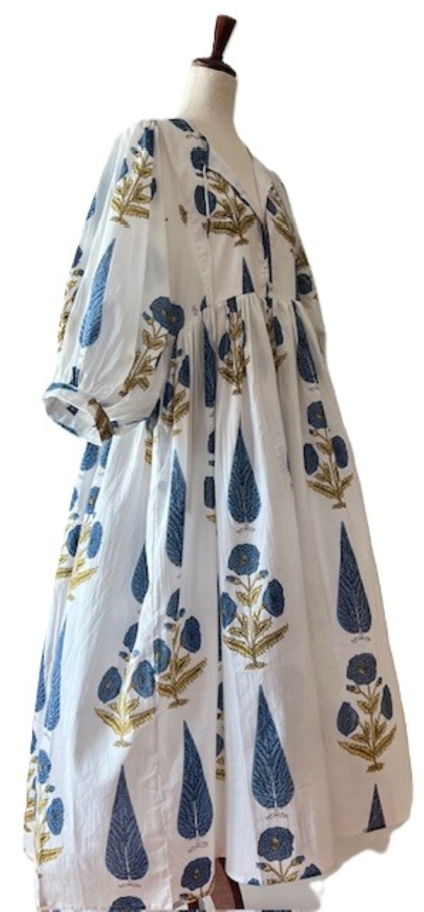 Dresses: Floral Cotton Handblock Kyra Midi Dress is Boho in (Blue on White)