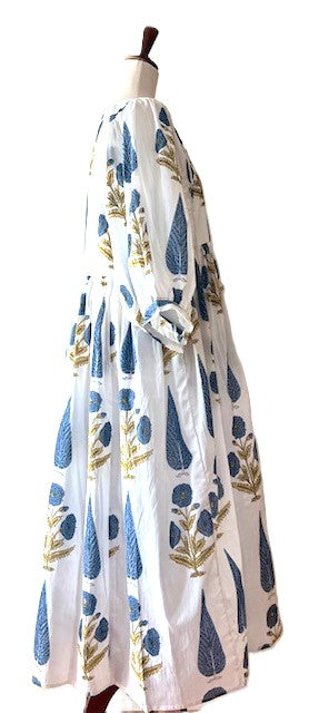 Dresses: Floral Cotton Handblock Kyra Midi Dress is Boho in (Blue on White)