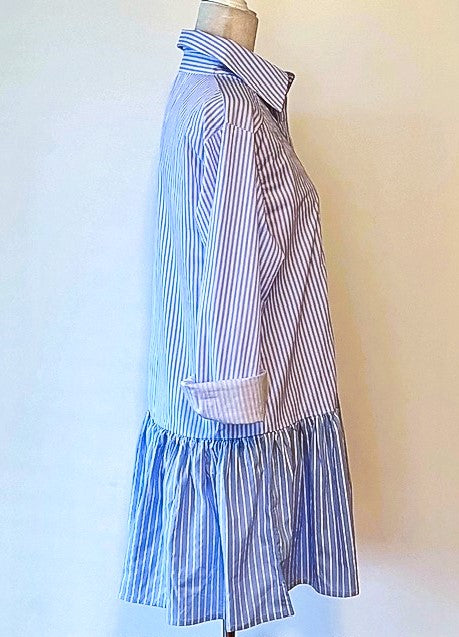 Collared Two Tone Pinstripe Shirt Dress With A Drop Waist: Classic Stripe