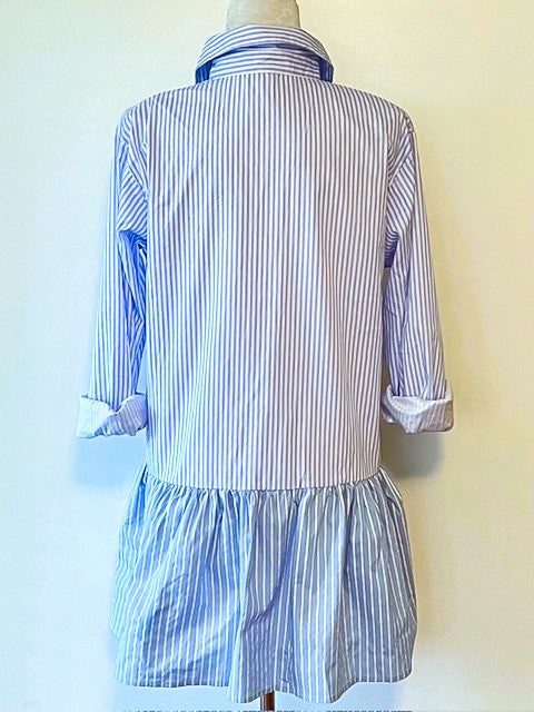 Collared Two Tone Pinstripe Shirt Dress With A Drop Waist: Classic Stripe