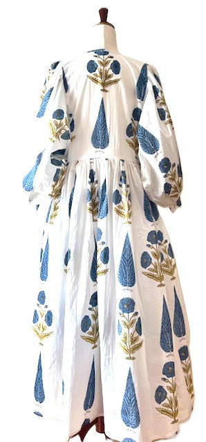 Dresses: Floral Cotton Handblock Kyra Midi Dress is Boho in (Blue on White)