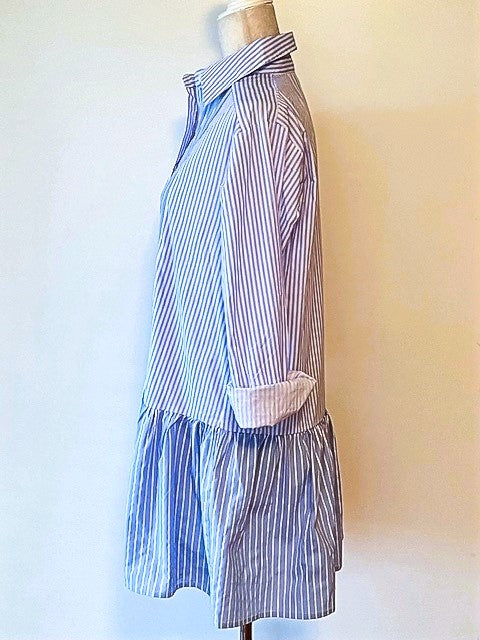 Collared Two Tone Pinstripe Shirt Dress With A Drop Waist: Classic Stripe