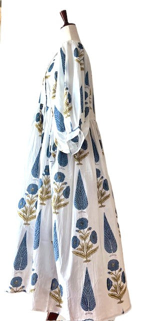 Dresses: Floral Cotton Handblock Kyra Midi Dress is Boho in (Blue on White)