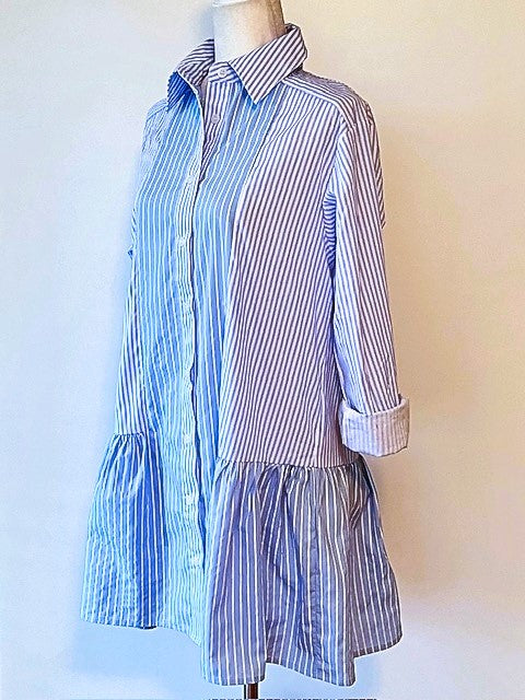 Collared Two Tone Pinstripe Shirt Dress With A Drop Waist: Classic Stripe