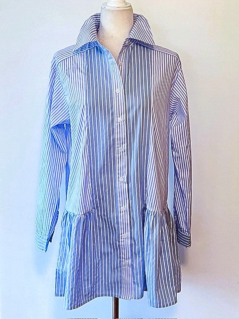 Collared Two Tone Pinstripe Shirt Dress With A Drop Waist: Classic Stripe