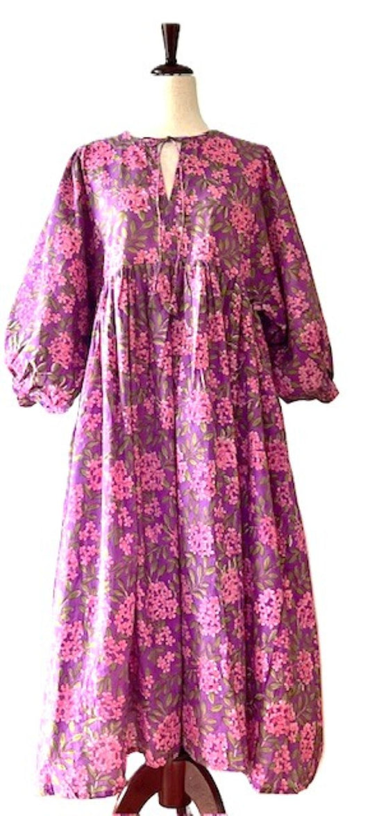 Dresses: Floral Cotton Handblock Kyra Midi Dress is Boho in (Pink)