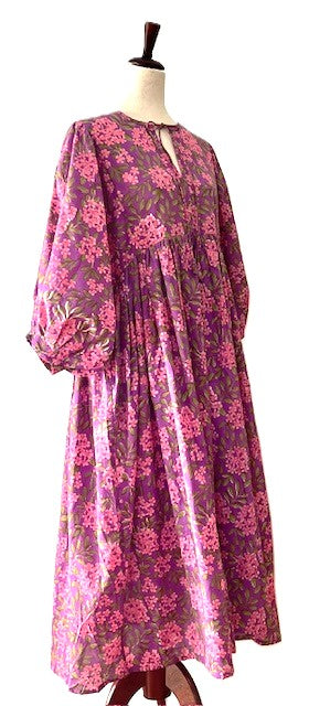 Dresses: Floral Cotton Handblock Kyra Midi Dress is Boho in (Pink)