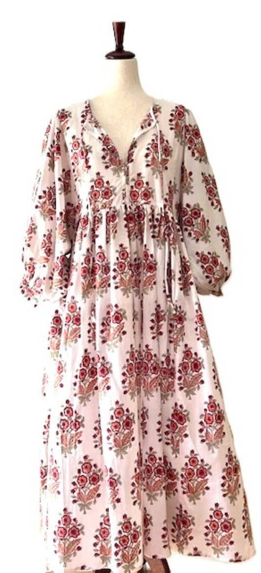 Dresses: Floral Cotton Handblock Kyra Midi Dress is Boho in (Red on White)