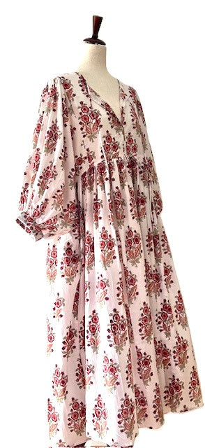 Dresses: Floral Cotton Handblock Kyra Midi Dress is Boho in (Red on White)