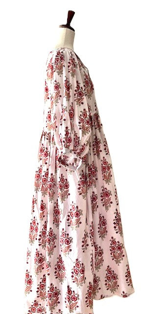 Dresses: Floral Cotton Handblock Kyra Midi Dress is Boho in (Red on White)
