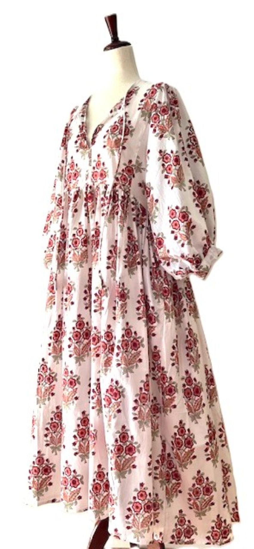 Dresses: Floral Cotton Handblock Kyra Midi Dress is Boho in (Red on White)