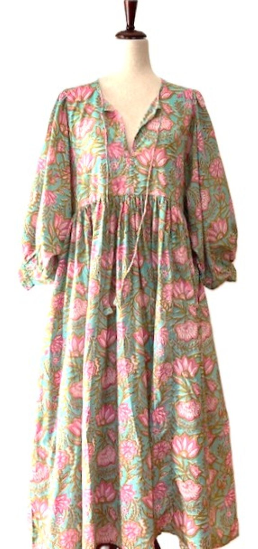 Dresses: Floral Cotton Handblock Kyra Midi Dress is Boho in (Teal)