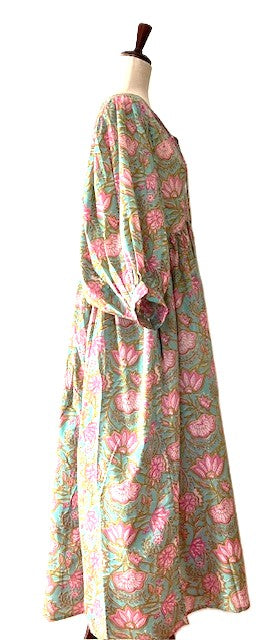 Dresses: Floral Cotton Handblock Kyra Midi Dress is Boho in (Teal)
