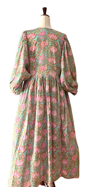 Dresses: Floral Cotton Handblock Kyra Midi Dress is Boho in (Teal)