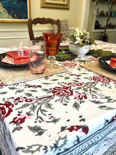 Roses and Ribbons Handcrafted Wooden Block Printed Cotton Tablecloth.