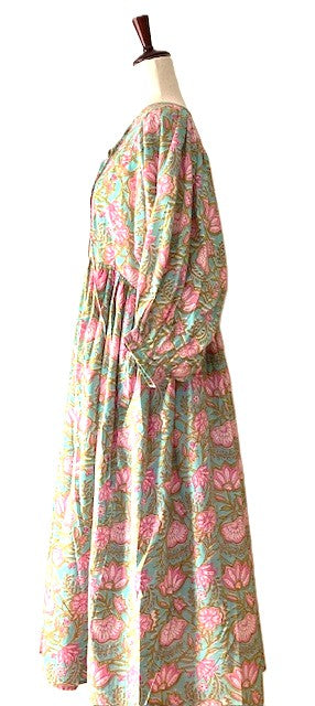Dresses: Floral Cotton Handblock Kyra Midi Dress is Boho in (Teal)
