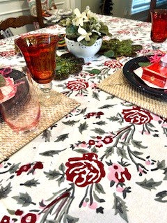 Roses and Ribbons Handcrafted Wooden Block Printed Cotton Tablecloth.