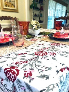 Roses and Ribbons Handcrafted Wooden Block Printed Cotton Tablecloth.