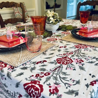 Roses and Ribbons Handcrafted Wooden Block Printed Cotton Tablecloth.