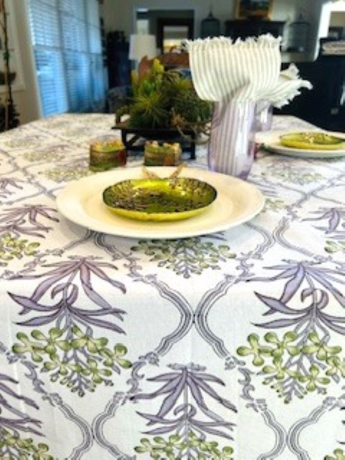 Beautifully Handcrafted Wooden Block Printed Cotton Tablecloth. (Lilac and Green)